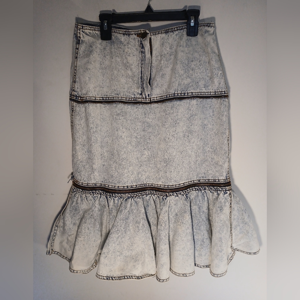 Vintage Ruffle Hem Denim Midi Skirt By London London